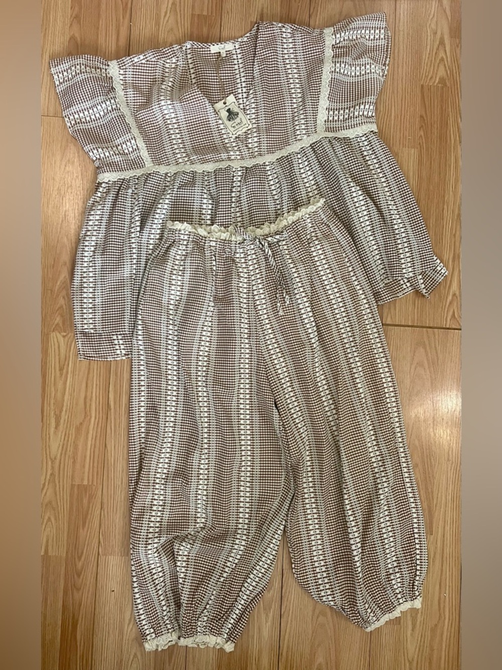 easel SET! Cream and Brown Gingham Top & Pant Set Striped Embroidery——ADORABLE